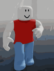 a roblox character is wearing a red shirt and blue pants and smiling while walking .
