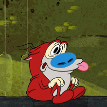 a red and white cartoon character with a blue nose sticking out its tongue