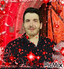 a picture of a man in a black jacket is surrounded by red stars and hearts