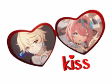 a picture of a boy and a girl in a heart shaped frame with the word kiss below them