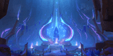 a painting of a blue and purple temple with stairs leading up to it