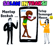 a cartoon of a man and a woman standing next to a phone with the words salam intraksi on it