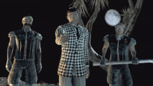 a man in a plaid suit stands between two other men in armor