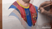 a person is drawing a man wearing a fc barcelona shirt