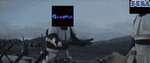 a storm trooper is holding a gun in front of a sega logo