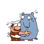 a pixel art cartoon of a man hugging a hippopotamus