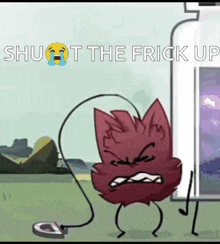 a cartoon character is standing next to a bottle that says shut the frick up