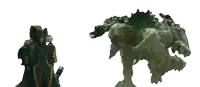 a statue of a man and a statue of a monster are standing next to each other on a white background