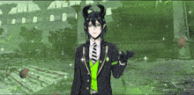 a man with horns is wearing a suit and tie and a green vest .