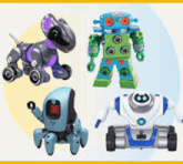 a group of toy robots are sitting on top of each other .