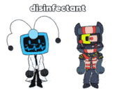 a drawing of a disinfectant and a cartoon character with a tv head