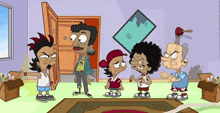 a group of cartoon characters are standing in a room with boxes