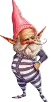 a gnome wearing a pink hat and striped pajamas stands with his hands on his hips