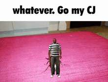 a man standing on a pink rug with the words " whatever go my cj " above him