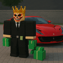a cartoon character with a crown on his head holds stacks of money