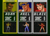 a video game character named adam axel and blaze is shown