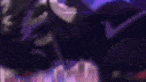 a close up of a cartoon character with a purple background
