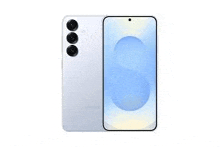 a white cell phone with a blue screen and three cameras on it .