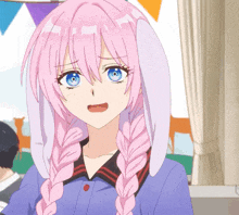 a girl with pink hair and white bunny ears looks surprised
