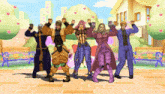 a group of cartoon characters are standing in a park