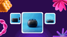 a purple background with pink flowers and a black object in a square