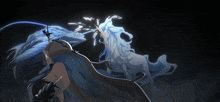 a drawing of a woman standing next to a unicorn in the dark
