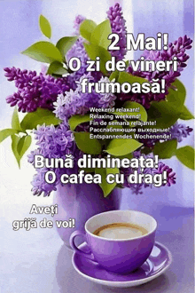 a purple cup of coffee sits on a saucer next to purple flowers
