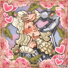 a cartoon of a man surrounded by pink roses and hearts with picmix in the corner