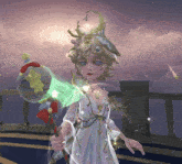 a girl in a white dress is holding a green object in her hand