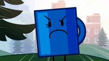 a blue mug with an angry face is standing in front of a building