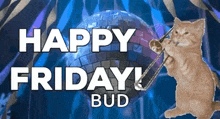 a cat is playing a trombone in front of a disco ball with the words happy friday bud