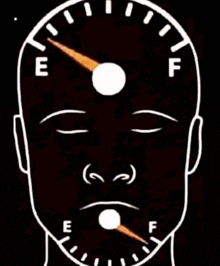 a drawing of a man 's face with a gauge pointing to e