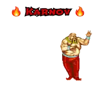 a pixel art of a man standing next to a fire and the word karnov above him