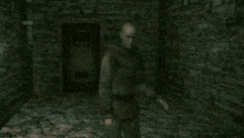 a man is standing in a dark room in a video game