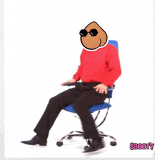 a man in a red sweater is sitting in a blue chair with sunglasses on his face