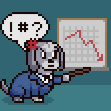 a pixel art of a dog holding a sign that says ' i ' on it