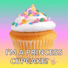 a cupcake with white frosting and colorful sprinkles with the words i 'm a princess cupcake