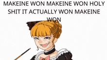 a cartoon of a girl holding a cane with the caption makeine won