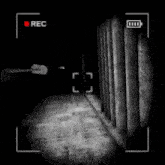a black and white video of a person walking in a dark room with a red rec button .