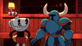 a cartoon of cuphead and a blue knight standing next to each other