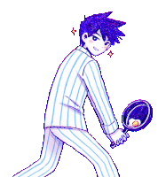 a drawing of a boy in striped pajamas holding a frying pan