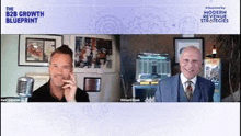 two men are talking to each other on a video call while sitting in front of a microphone .