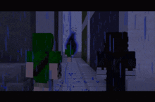a person in a green shirt is walking down a hallway in a video game