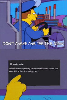 a cartoon of a man driving a car with the words " don 't make me tap the sign "