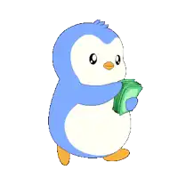 a penguin is holding a stack of money and a green piece of paper