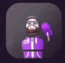 a man with a beard is wearing a purple jacket and holding a purple object .