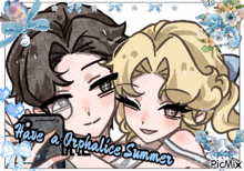 a drawing of a boy and a girl with the words " have a orphanage summer "