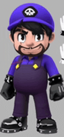 a cartoon character wearing a purple hat and overalls is standing next to a white character .
