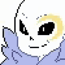 a pixel art drawing of a skeleton with a yellow eye and a blue shirt .