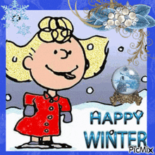 a picture of a girl with the words happy winter